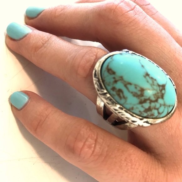 Semi-Previous Turquoise-Silver Adjustable Ring 1” - Picture 10 of 10
